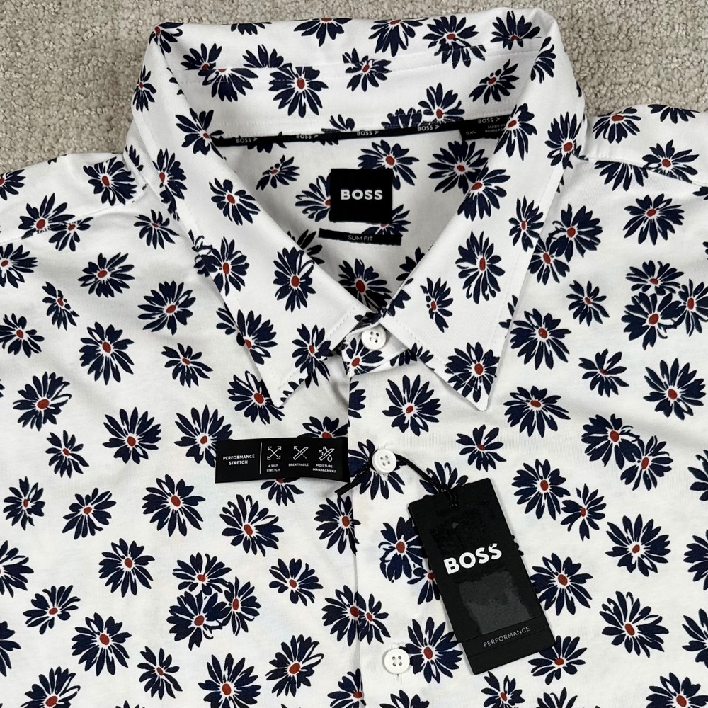 NEW Hugo Boss Mens 5XL Floral Performance Slim Fit Short Sleeve Button Up Shirt